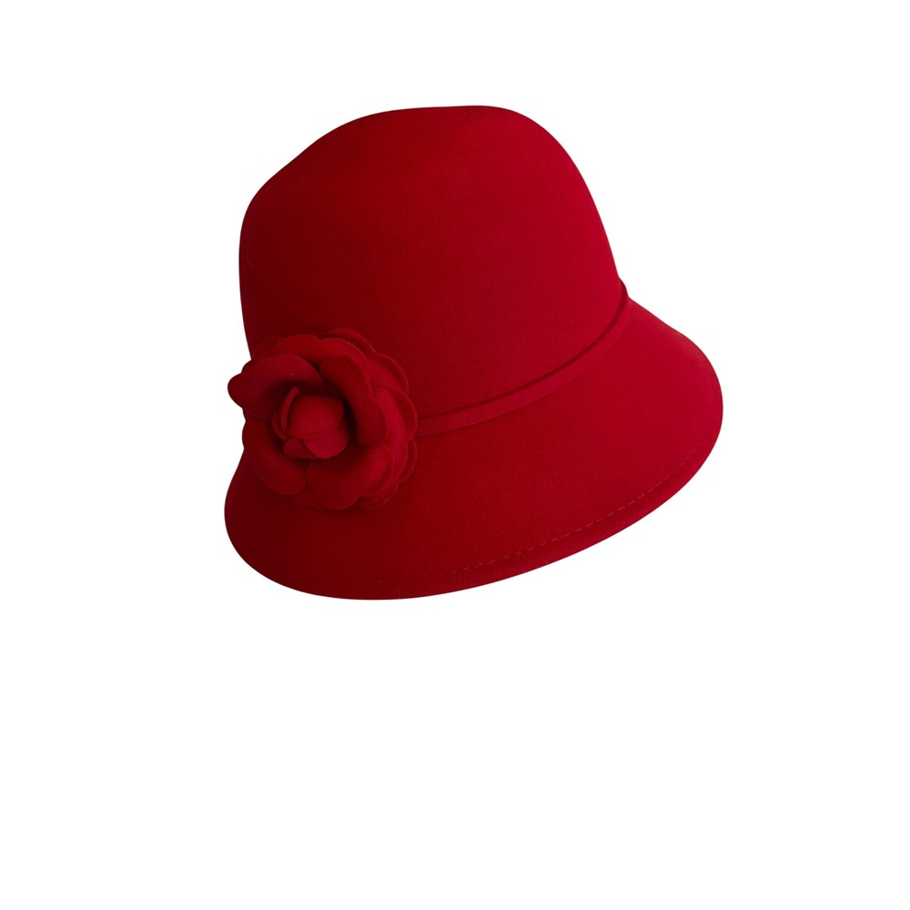 SS Cloche Hat Red 100% Wool Felt Flower Accent Vintage Style Downturned Brim